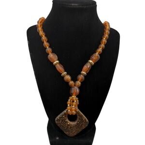 Vintage Amber Resin Diamond Pendant Necklace with Gold-Flecked Detail